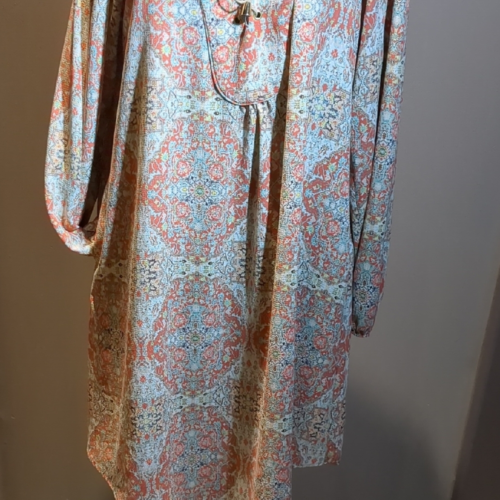 Emma & Michele Resort Wear Orange and Green Bishop Sleeve Sundress